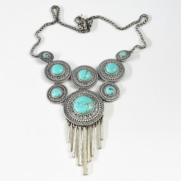 Lucky Brand Turquoise Silver Statement Bib Necklace - Picture 4 of 7